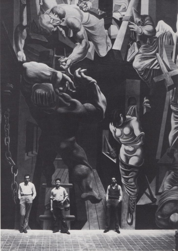 1935, Philip Guston, Reuben Kadish and Jules Langsner in front of the mural, "The Struggle Against Terrorism", 1934-35. Center section of fresco at the Museo Michoacano, Morelia, Mexico. 40 ft. high 