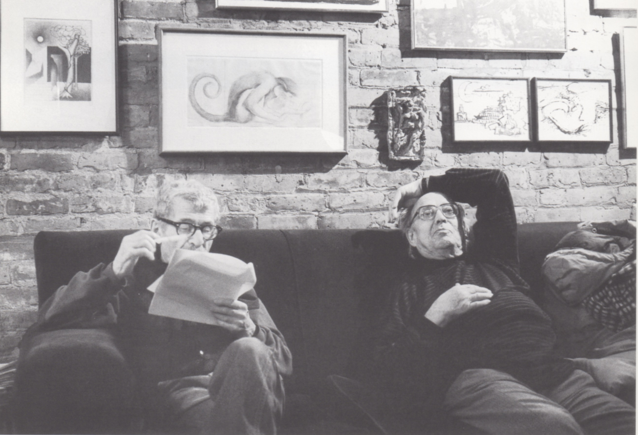 Reuben Kadish (right) in his 9th Street studio, listening to Herman Cherry (left) read his essay for the catalogue of Kadish's 1990 retrospective exhibition at the New Jersey State Museum. Photograph: Regina Cherry