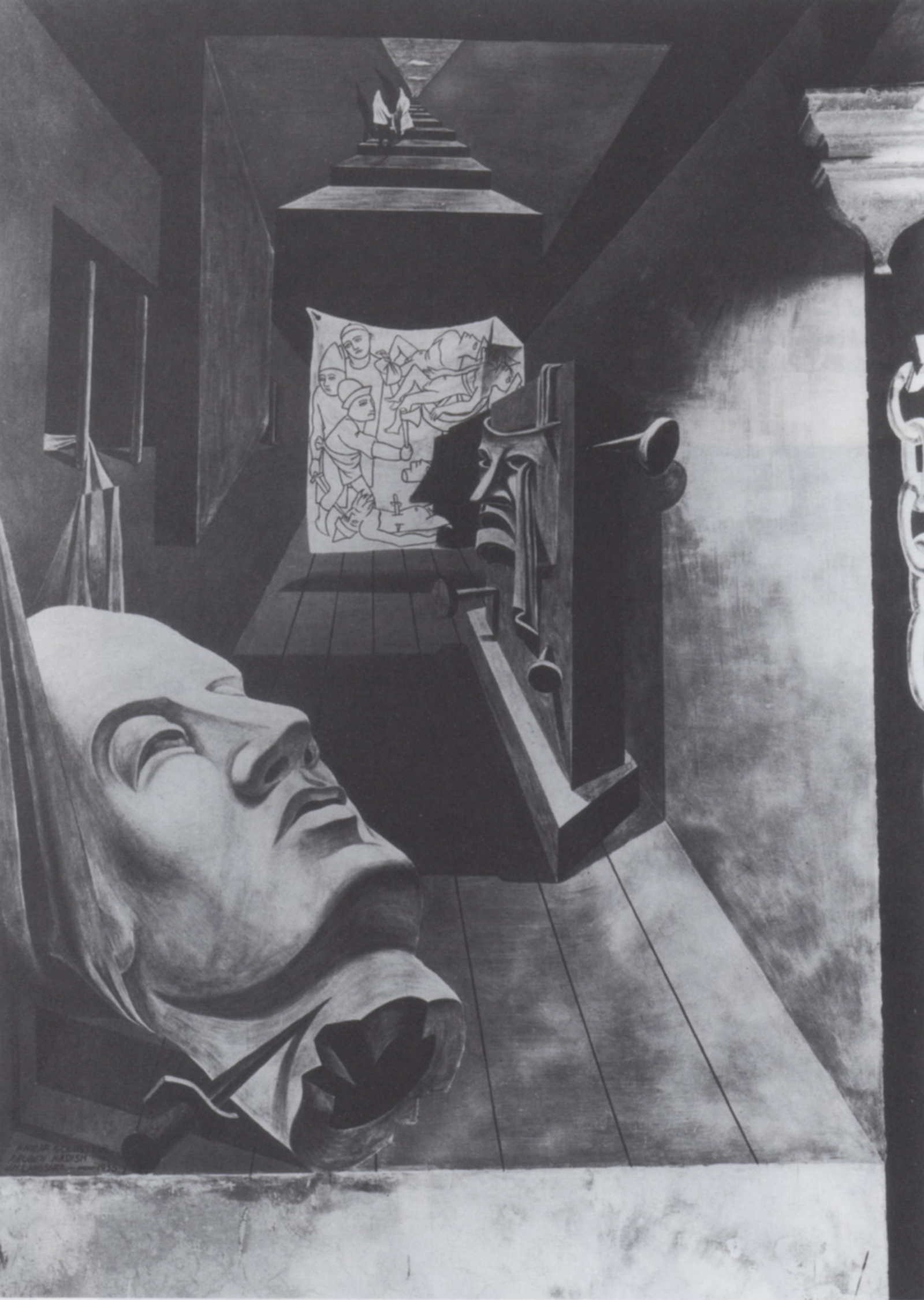 (fig. 20) Guston, Reuben Kadish (and Jules Langsner), Post-surrealist still life panel from The Struggle against Terrorism, 1934-35. Photo from the Reuben Kadish Papers, Archives of American Art, Smithsonian Institution, with permission of the Reuben Kadish Art Foundation